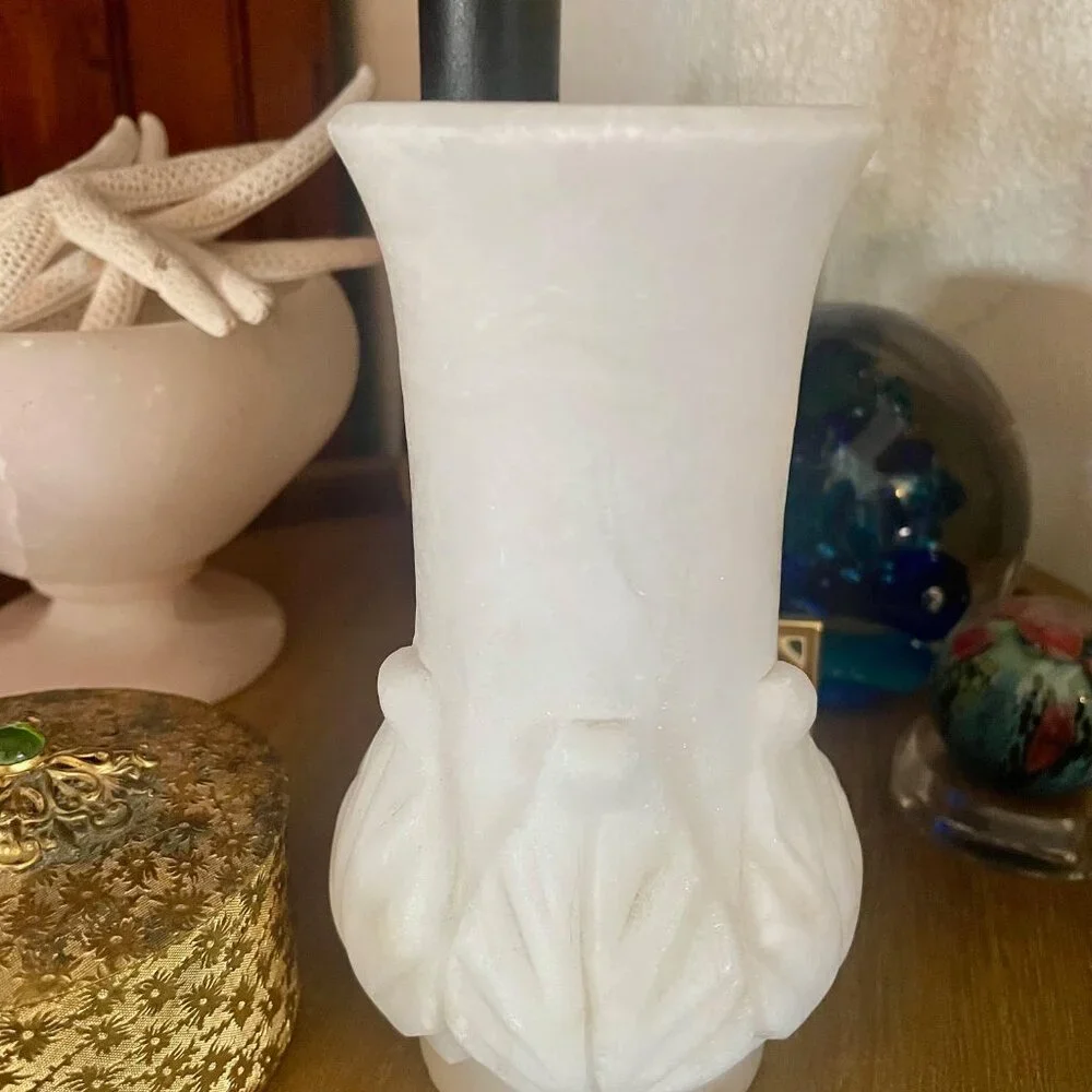 Vintage Hand-Carved Alabaster Vase Creamy White Stone Decorative Urn Leaf Design - Picture 10 of 10